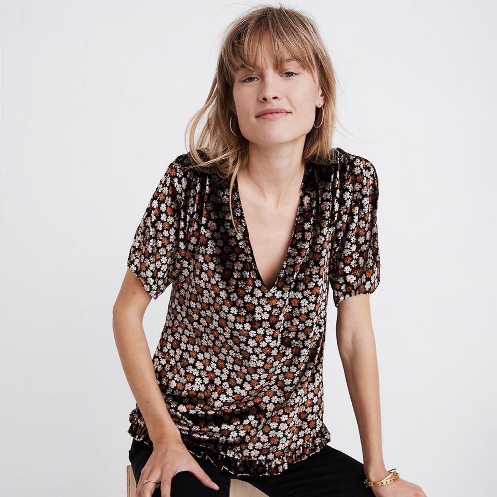 Madewell Velvet Ruffle Top in Petite Blooms